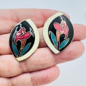80s Vintage Red Calla Lilly Cloisonné Earrings Floral Chinoiserie Oriental